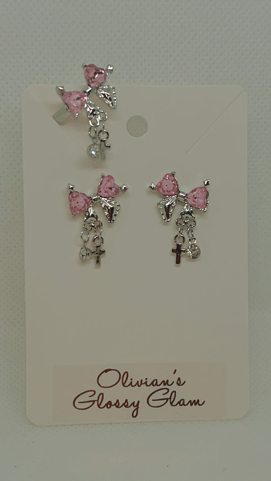 PINK BOW EARRINGS W/ RING